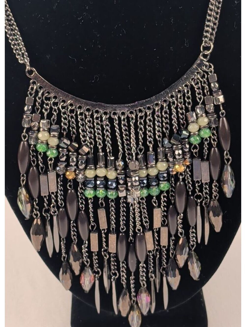 Charming Charlie Gunmetal Gothic Fringe Necklace Grey Green Beaded Bib Boho